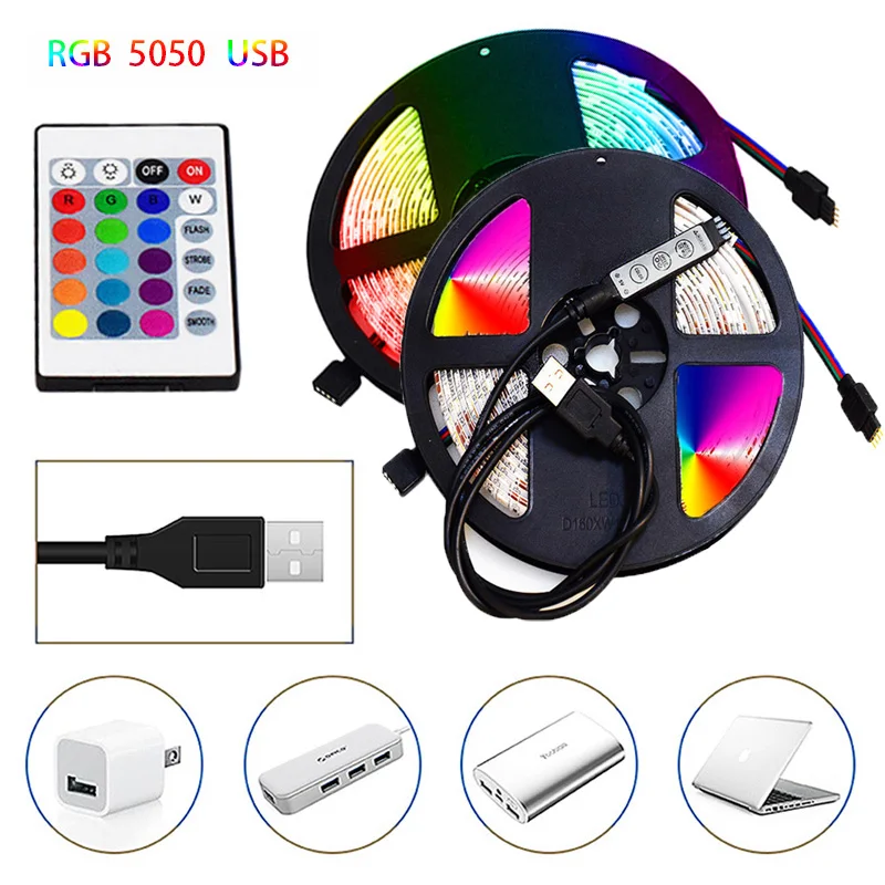 

LED Strip Lights 5050 RGB IR Remote Control USB Flexible Lamp 5V Tape Ribbon Diode for Festival Room Luces Computer TV Desk Luz