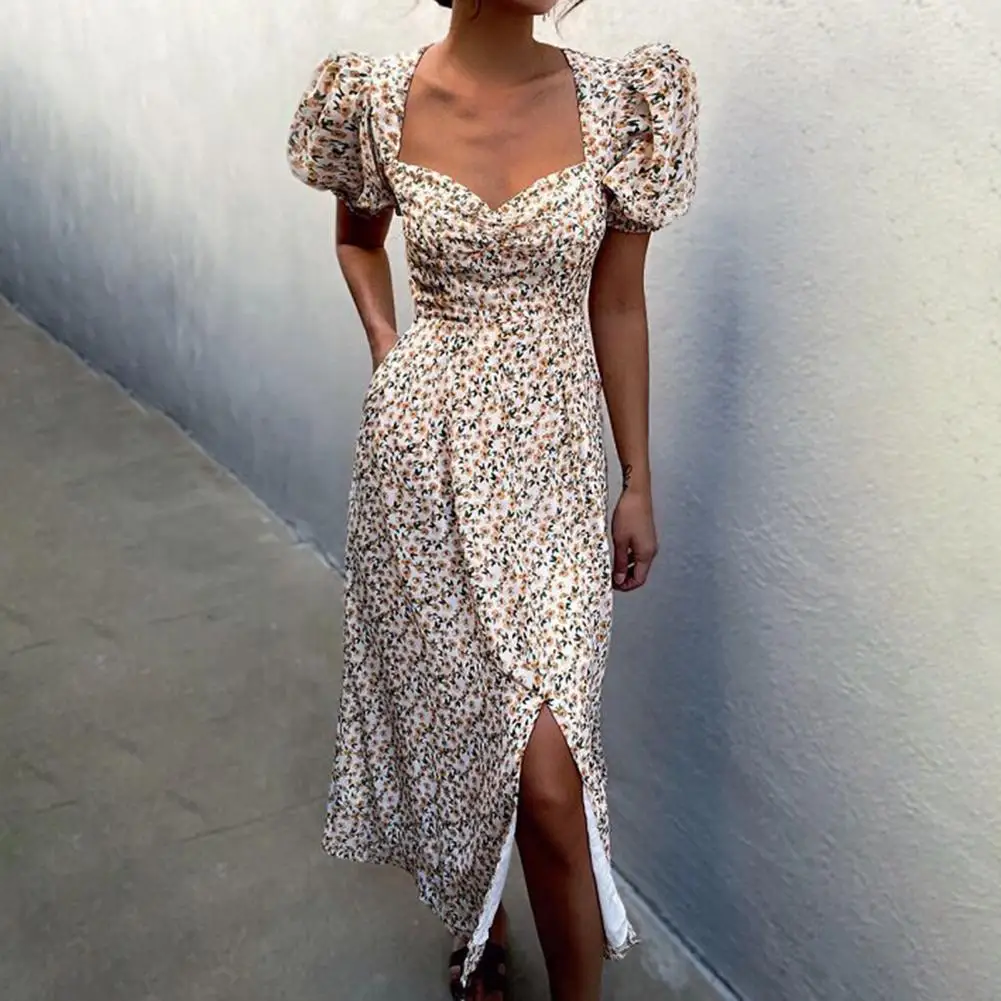 

80% 2021 New Dress Floral Print Slim Long Length Puff Short Sleeve Women Dress for Dating