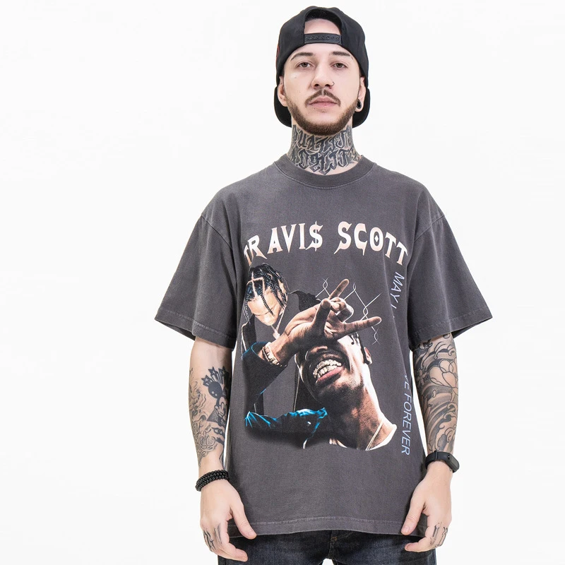 

GTDOM Men Hip Hop Vintage Print Worn Out Short Sleeve T-Shirt 2021 Summer New High Street Casual O-Neck Short Sleeve T-Shirt