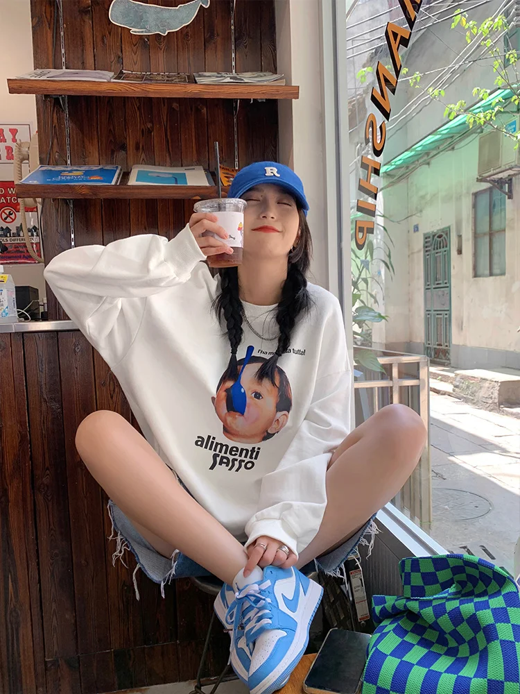 

Official Figure Scale# White American Fashion Brand Little Boy Printed Sweater Female 2021 Autumn New Loose Korean Style