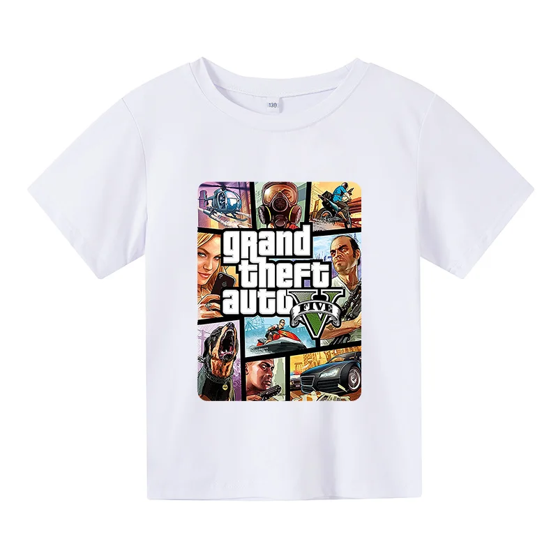 Мультфильм Grand Theft Auto GtA 5 х/б футболка для мальчиков и девочек повседневное