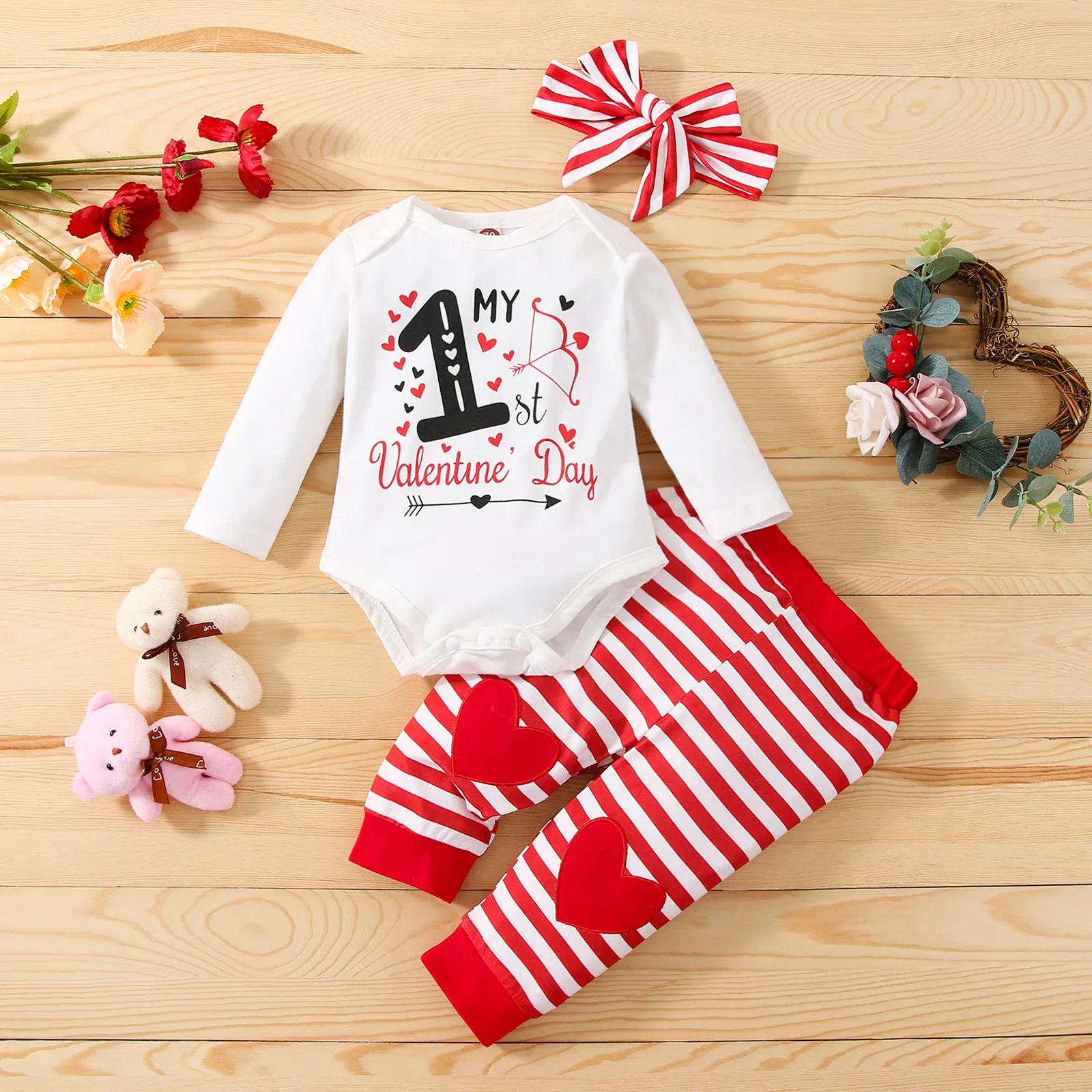 

New Valentine's Day Set Infant Baby Girls Clothes Letter Printing White Romper Top + Red Striped Love Pants + Headband 3PCS