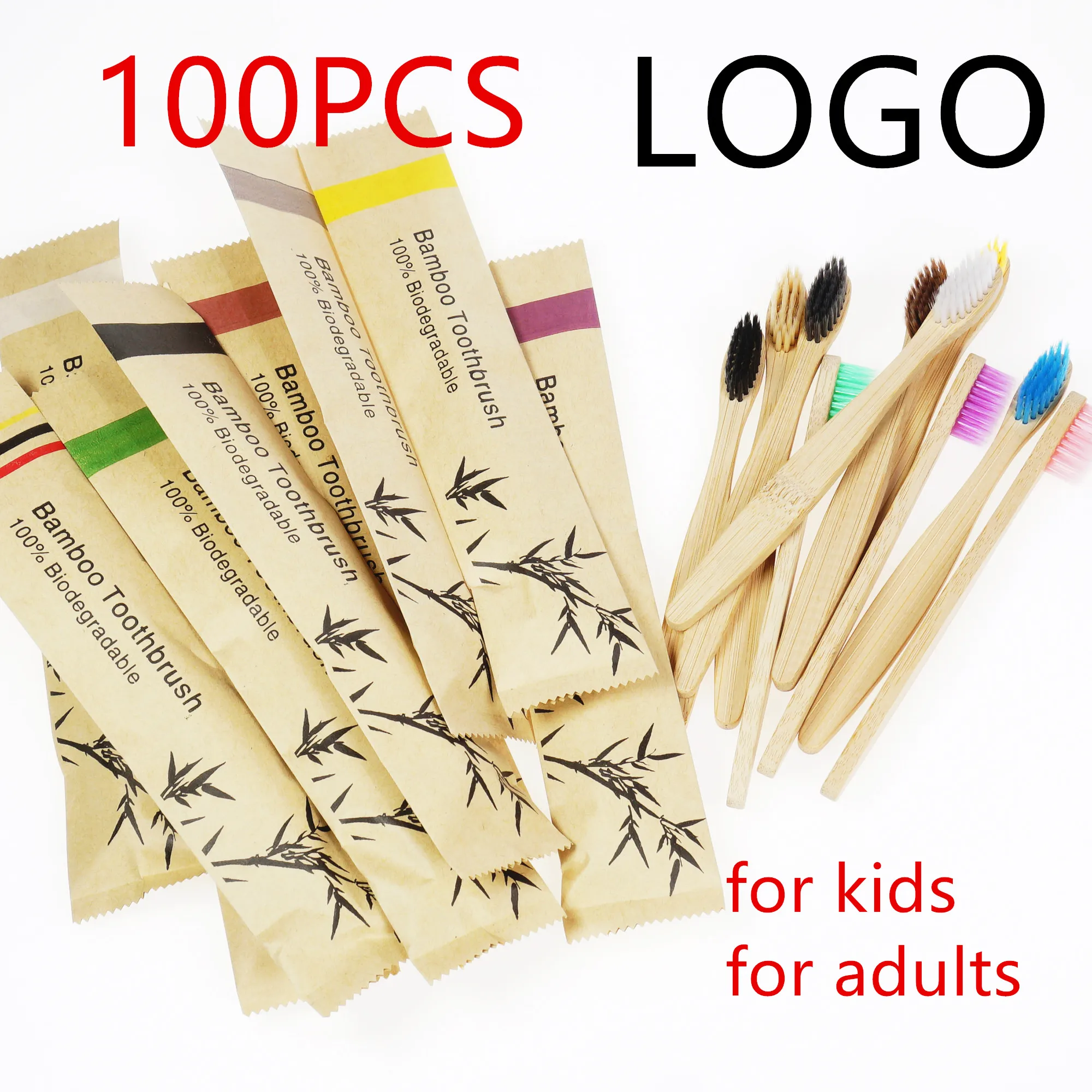 Customer Logo 100 PCS Kids Bamboo Toothbrush Eco Friendly Resuable Toothbrushes for Children Adults Home Travel Hotel Use