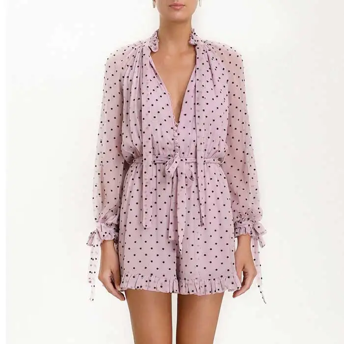 Женский розовый комбинезон в горошек повседневный с длинными рукавами и поясом