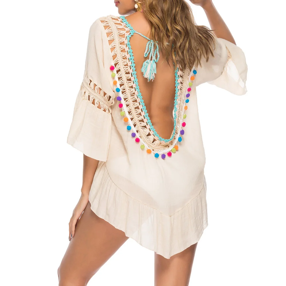 Женская летняя накидка для плавания с кисточками кружевная вязаная на бикини