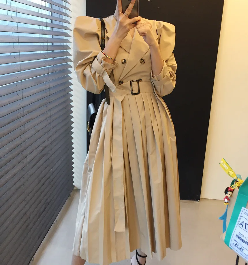 

Korean Autumn Women Long Sleeve Chic Elegant Double Breasted Trench Coat Dress Office Lady Pleated Dress with Belt