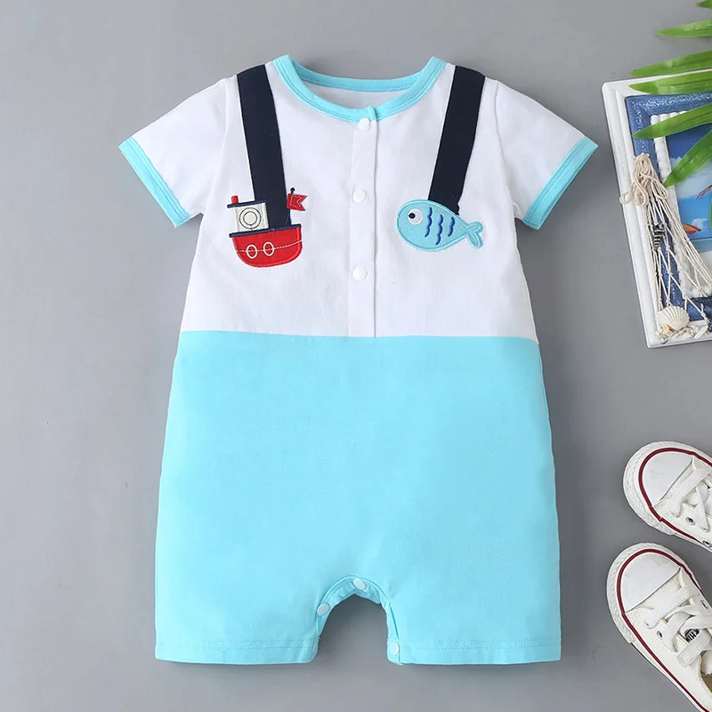 

New 2021 Infant Newborn Baby Boys Girls Romper Summer Short Sleeve Embroidery Wathet Baby Cute Rompers Clothes Outfits 0-2T
