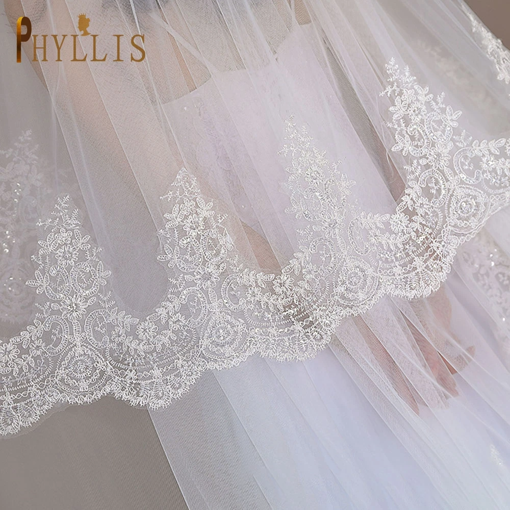 

PHYLLIS B37 Bridal Veil with 3 Layer Lace Applique Veil Girlfriend Embroidery Cathedral Veil Bride Luxury Veil Comb for Veil