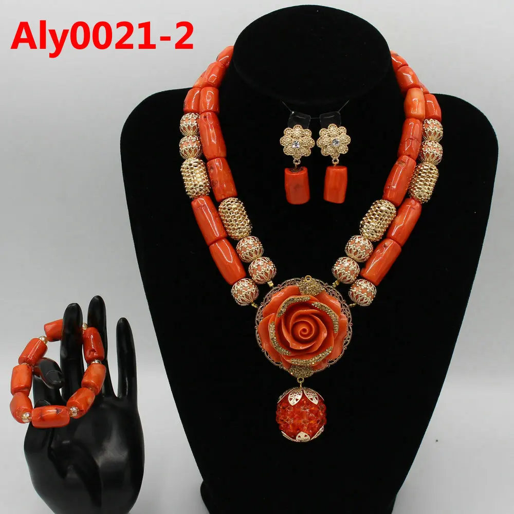 

African Nigerian Wedding Coral Necklace Set 2020 Fashion Real Coral Jewelry Set for Women Gold Bridal Beads Jewellery Aly0021-1