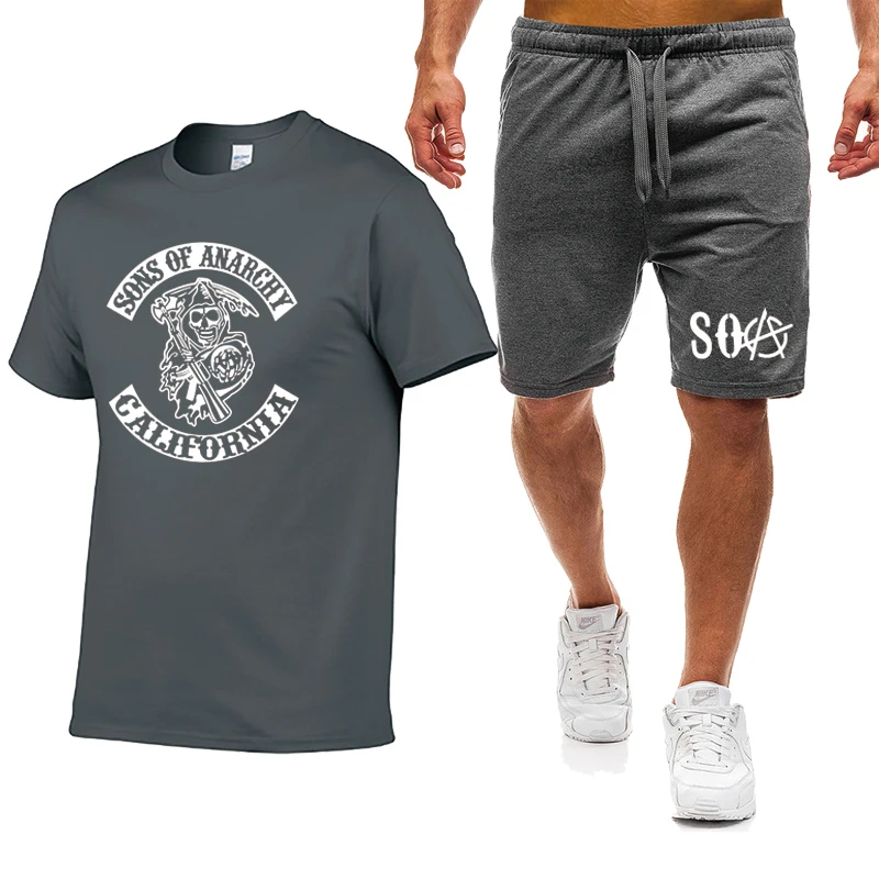 

Summer SOA Sons of anarchy the child Skull Print Mens T-shirts Casual high quality Cotton Men's T-shirt + shorts 2-piece set