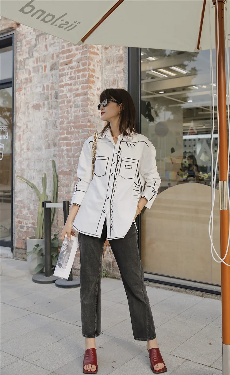 

T Graffiti White Long Sleeve Women Top And Blouse Button Up Collar White Shirt Casual Designer Top 2020 Fashion V144