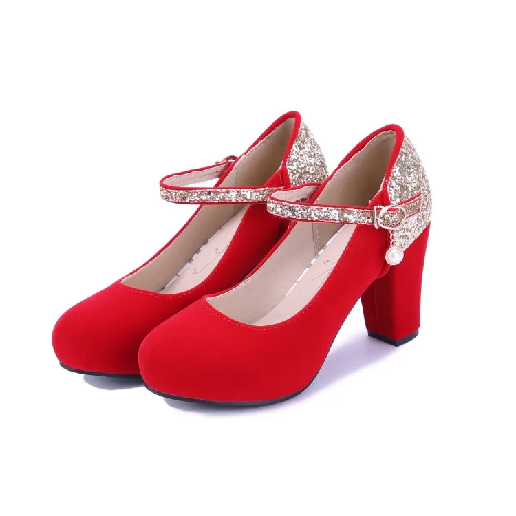 Женские туфли на высоком каблуке лодочки с круглым носком и блестками большие