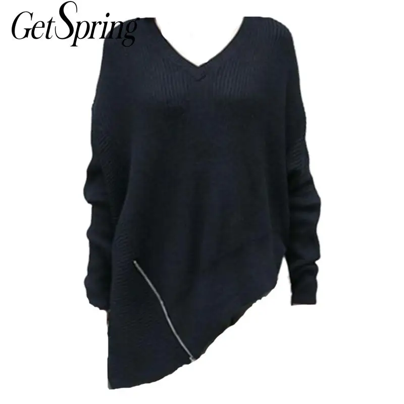 

Getspring Women Sweater Batwing Sleeve V-neck Vintage Sweater Woman Irregular Loose Balck Knitting Tops Women 2020 New Fashion