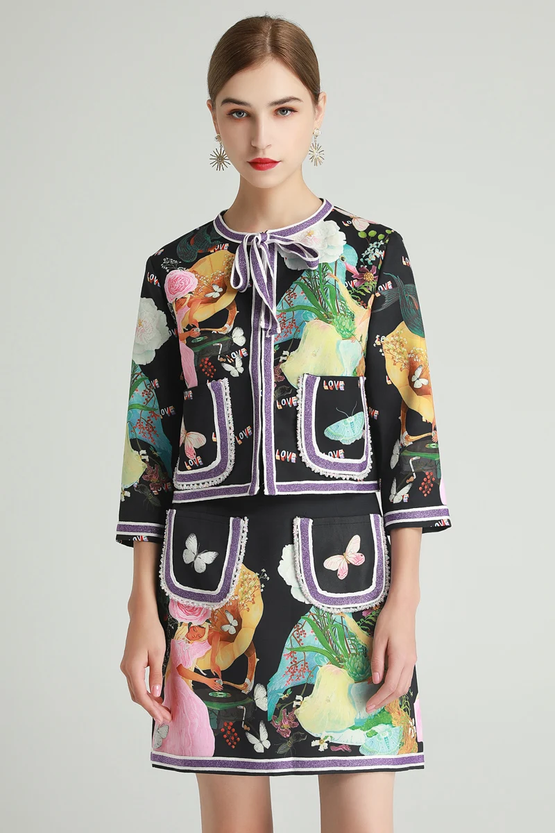 

Designer Spring Autumn New Printed Streamer Jacket Tops Mini Fashion Beading Half Skirt Vintage Casual Women'S Sets