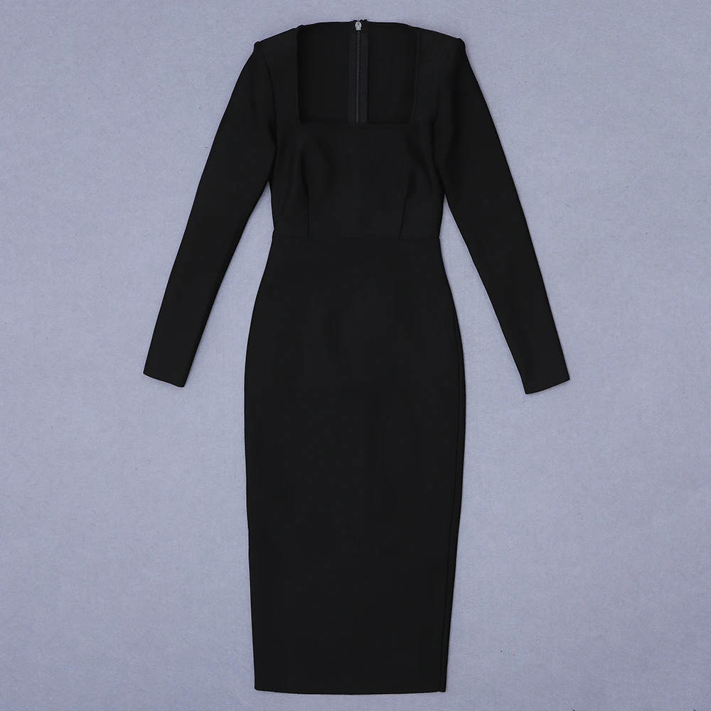 

Ailigou 2021 Women's Summer Sexy Long Sleeve Black O-Neck Mid-length Bodycon Bandage Dress Elegant Club Party Dress Vestidos