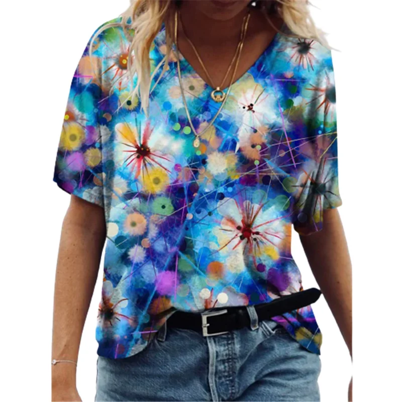 

Summer T-Shirt Short Sleeve Fashion 3D Tie-dye Print T-Shirts Women High Street Tops Casual V-Neck Tee Female T-Shirt 2XL Top