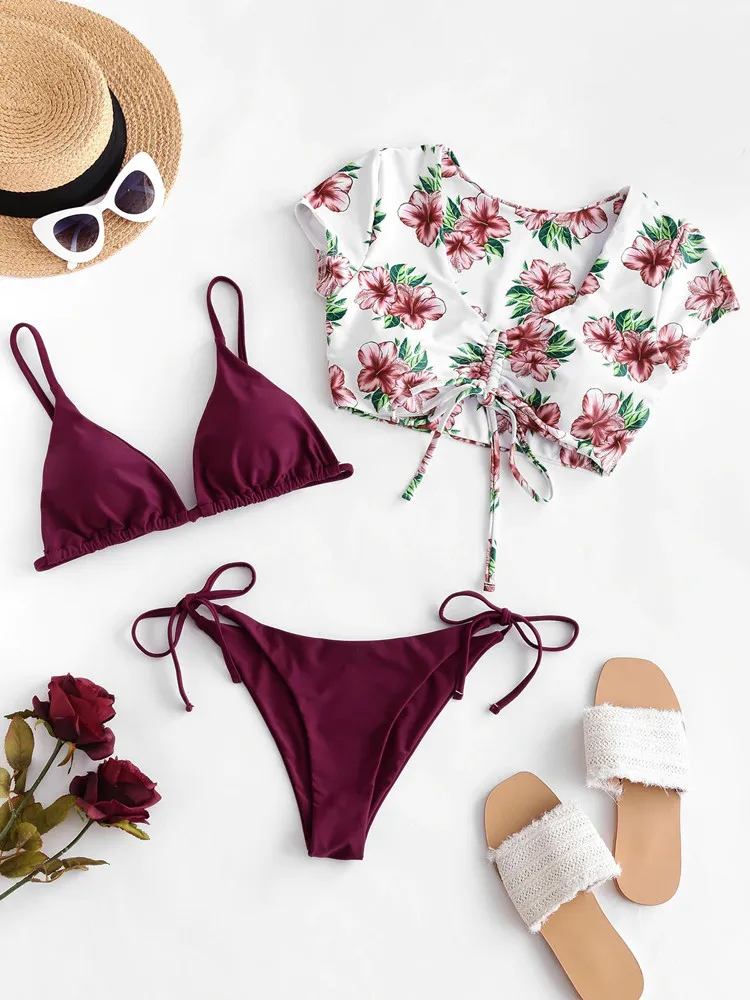 Женский сексуальный купальник бикини с принтом из трех частей пуш ап бюстгальтер