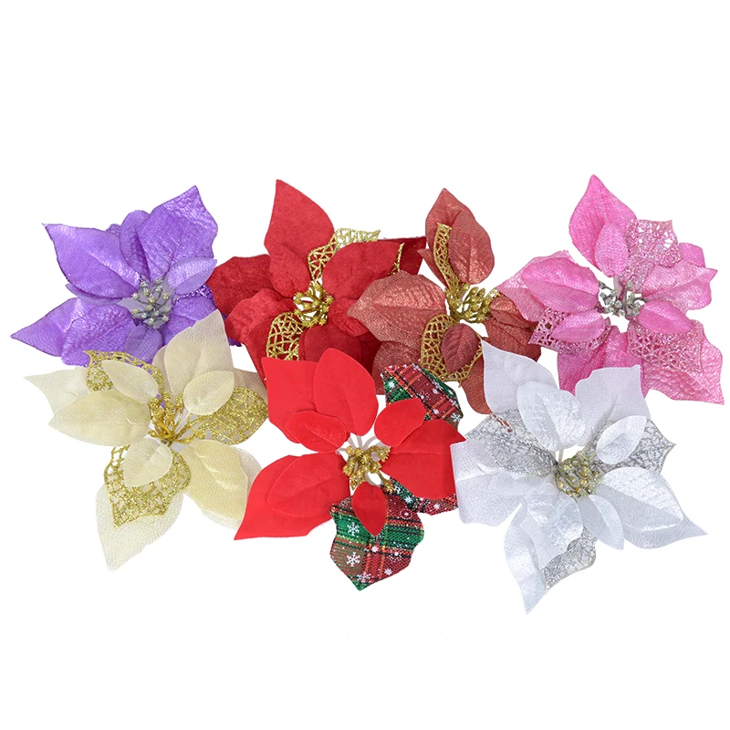 

16/22cm Christmas Artificial Flowers Glitter Poinsettia Christmas Wreath Decoration Wedding New Year Xmas Tree Decor Flower Head