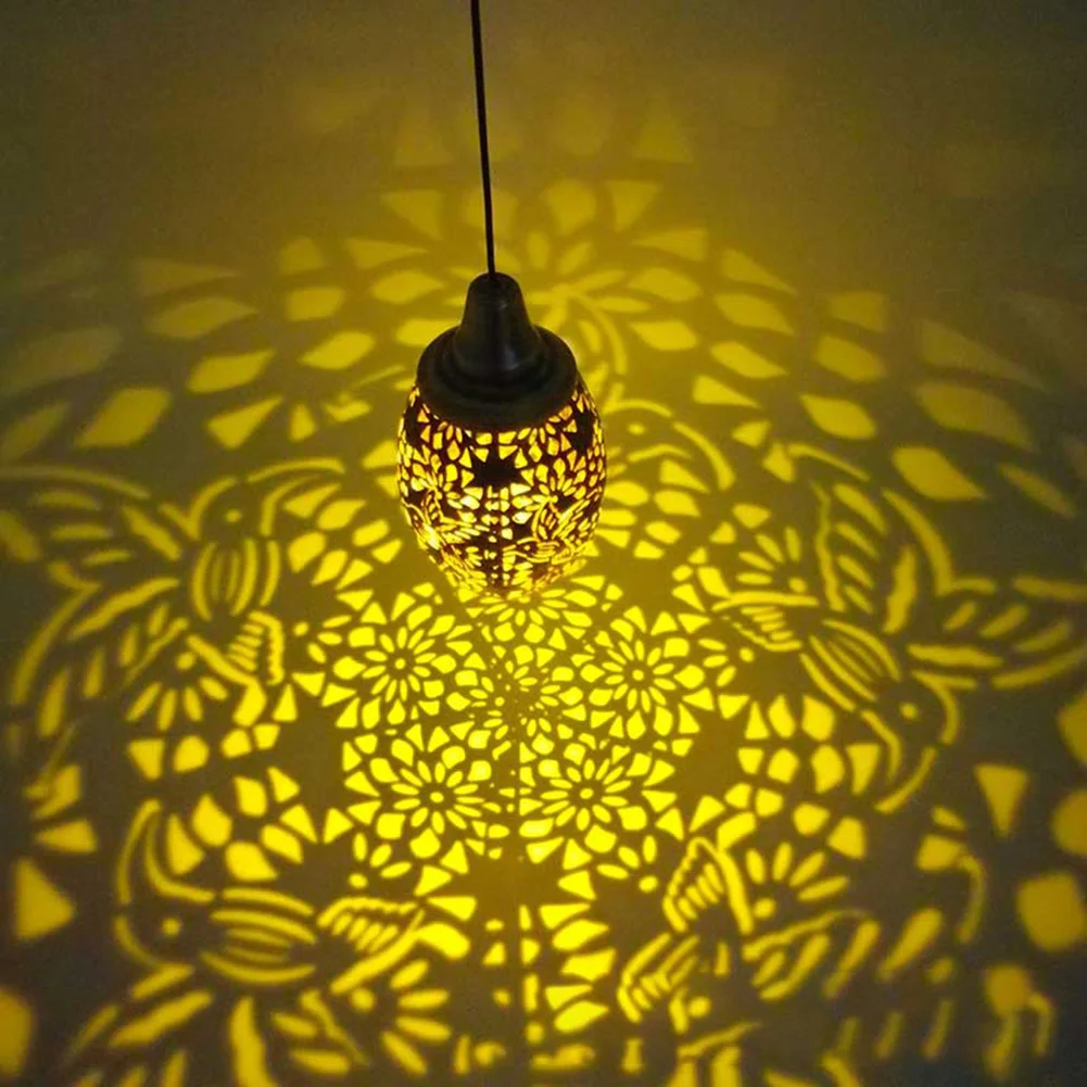 

Solar Lamp Cone Pendant Hollow Lamp Warm White Light Wrought Iron Projection Lamp Fluorescent Lamp Outdoor Waterproof Light