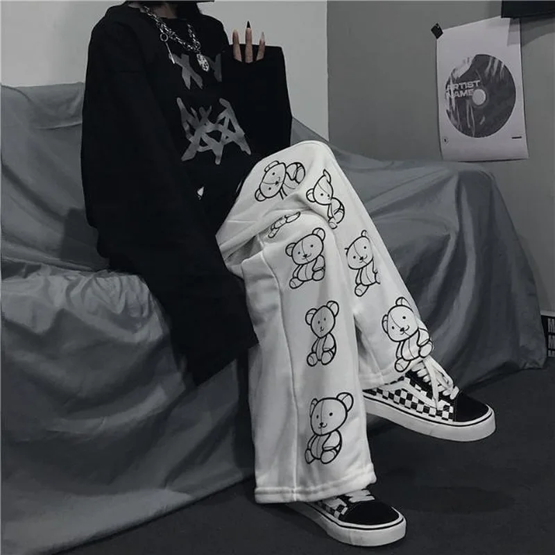 

HOUZHOU Korean Style Wide Leg Pants Cartoon Print Harajuku Trousers Women Streetwear Autumn Fashion Streetwear Sweatpants Women