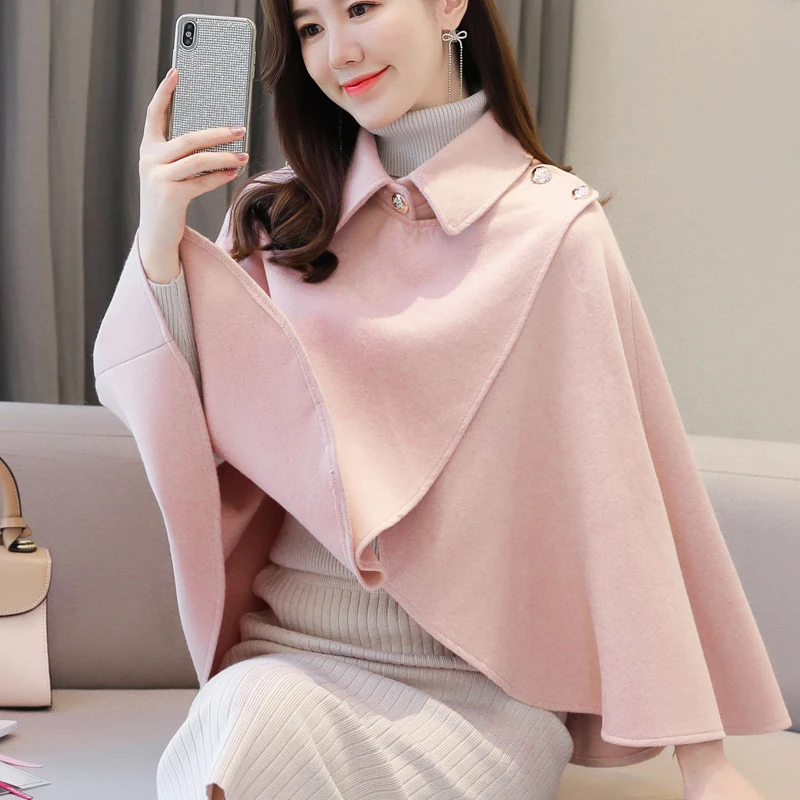 

Autumn Cape Coats Women Casual Solid Button Split Cloak Windbreaker Female Pullovers