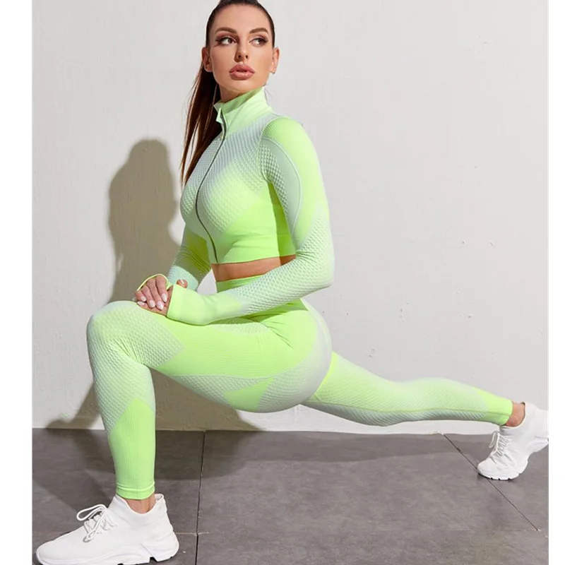 

Women Fitness Sport Yoga Sets Seamless Coat with Zipper Pants Elastic Women Breathable Gym Suits Workout Yoga Leggings