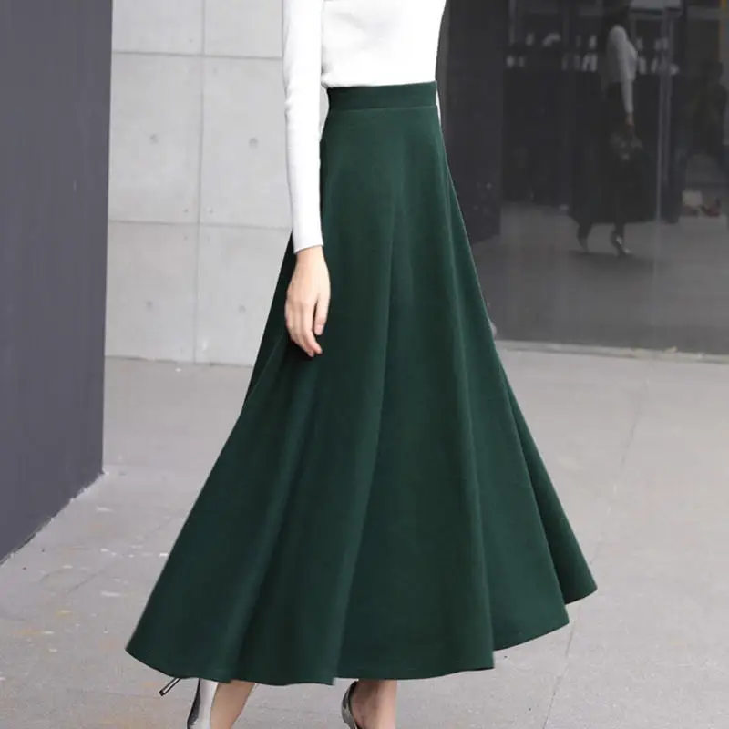 Dark green Skirt Осенне-зимняя Длинная шерстяная юбка женские юбки Повседневные винтажные юбки с высокой талией Saia теплые плотные свободные трапециевидные юбки для женщин s Q1917 - Цвет: Dark green Skirt