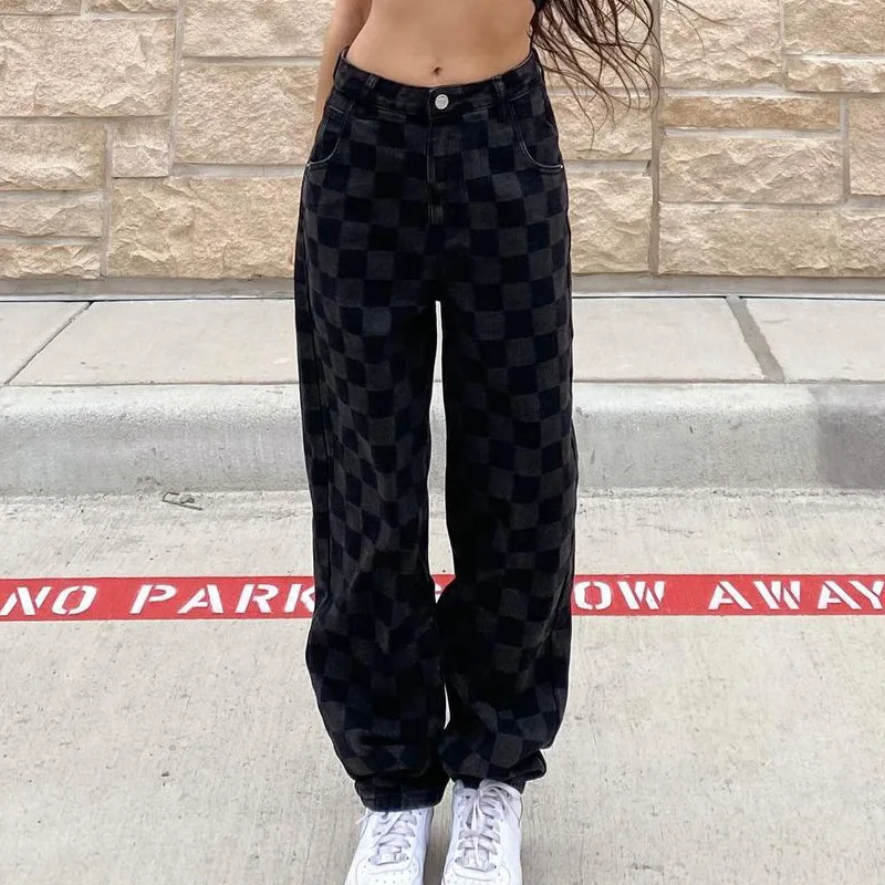 

Women Wide Leg Flare Pants High Waist Checkerboard Plaid Print Loose Long Pants Casual Hight Street Long Trousers with Pockets