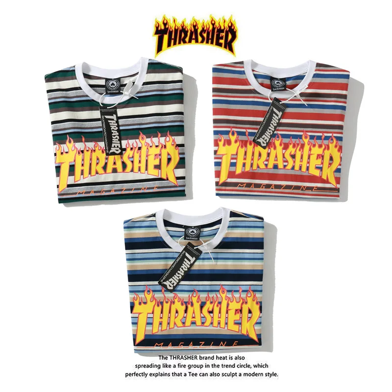 

Spring Summer Fashion Brand New Japanese Style THR Flame Print Letter Stripe Loose Men's and Women's Short Sleeve T-shirt