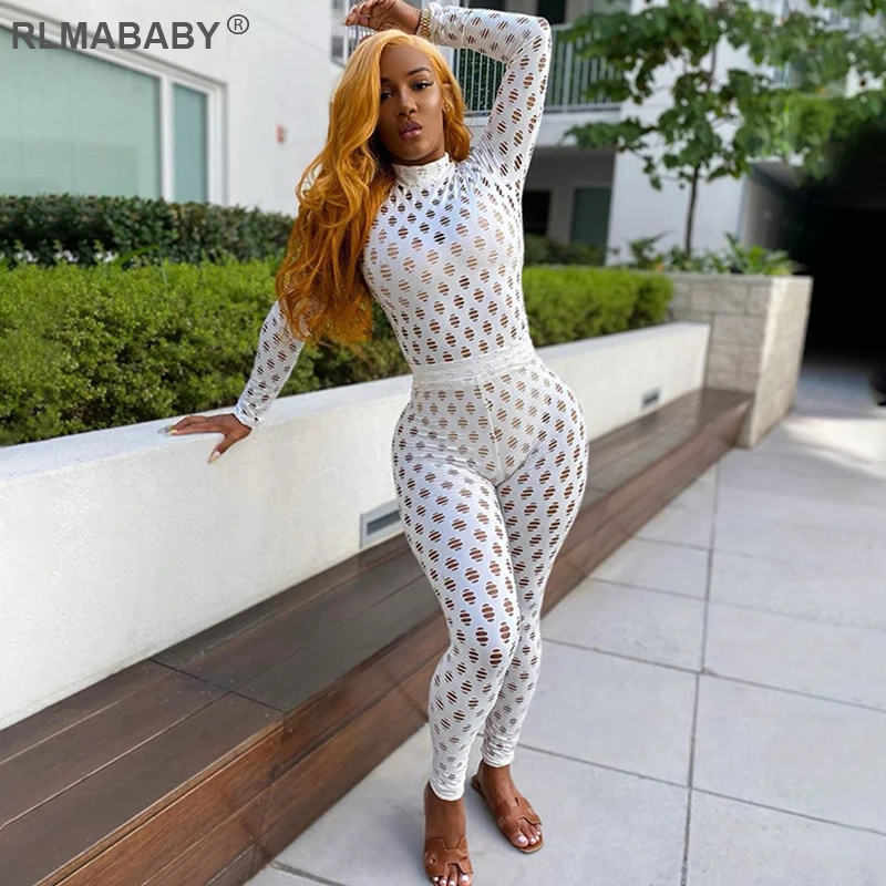 

Sexy See Through 2 Pieces Set Women Turtleneck Long Sleeve Tshirt High Waist Pant Trousers Tracksuit Hollow Out Hole Female Set