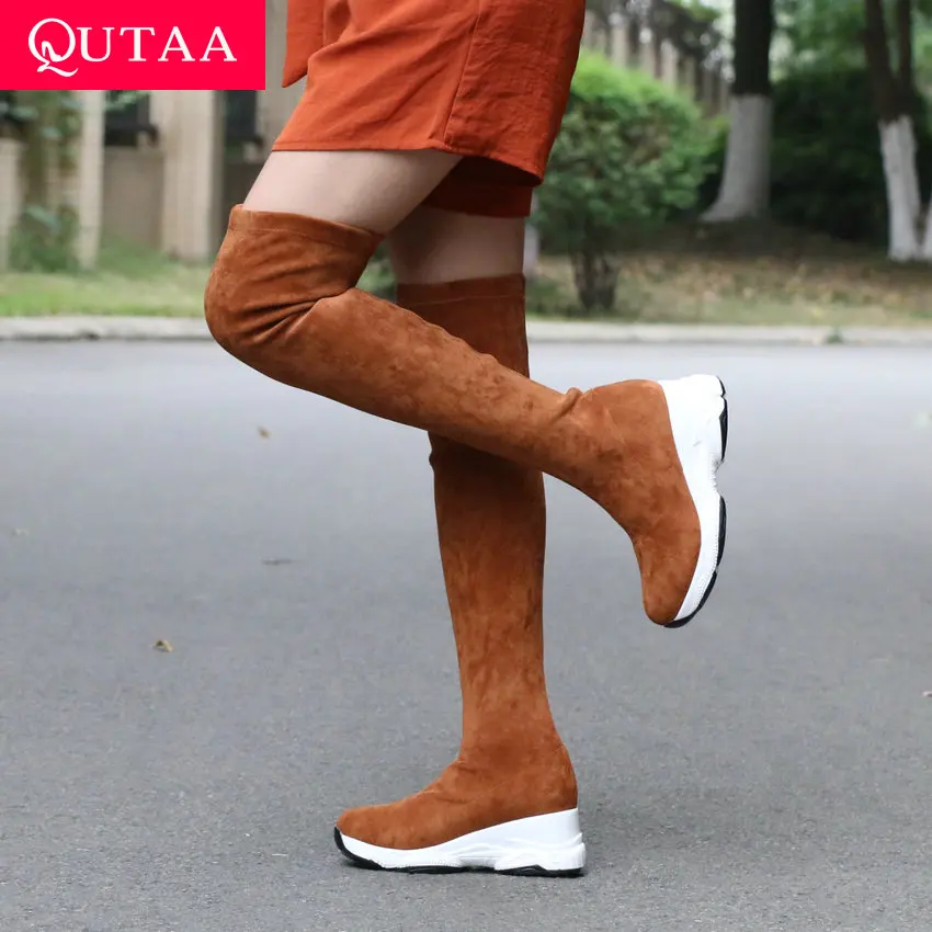 

QUTAA 2021 Over The Knee Women Boots Wedge Heel Round Toe Casual Women Shoes Winter Keep Warm Flock Stretch Long Boots Size34-43