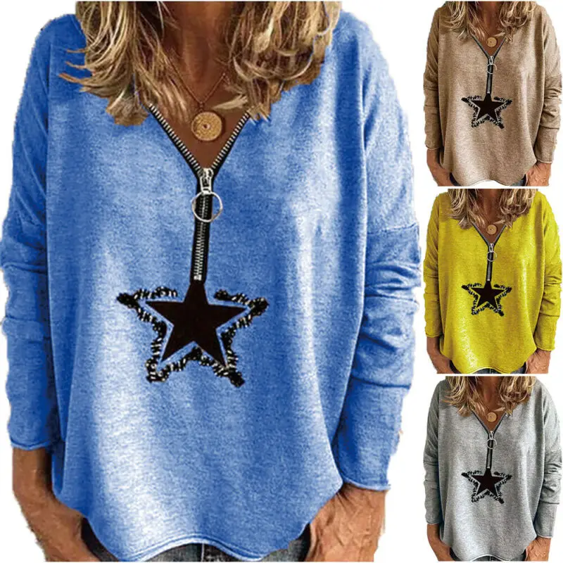 

Women Casual Blouse Jumper Hoodie Star Print Zip Neck Long Sleeve Shirt Sweatshirt