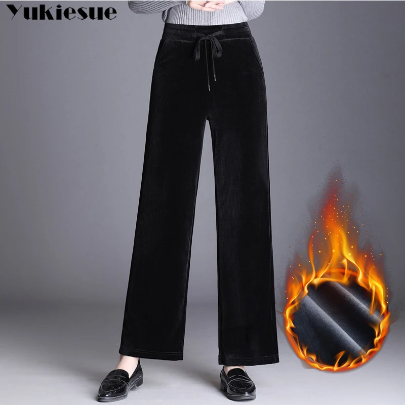 Вельветовые зимние теплые флисовые плотные женские брюки 2020 с высокой талией и