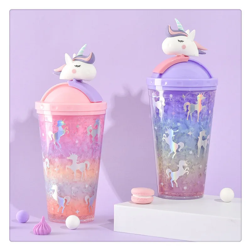 

Portable Stylish Double Straw Unicorn Ice Cup Summer Cold Drink Juice Coffee Water Mug Boy's Girl's Plastic Cups Novelty Gift