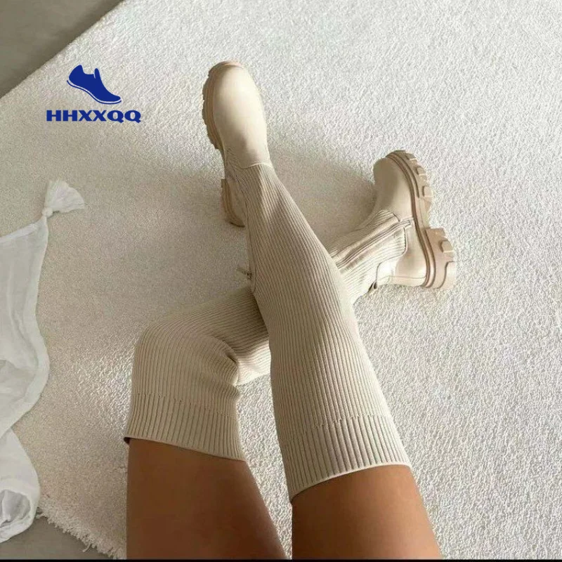 

Осенне-зимние новые сапоги выше колена, носки, женская обувь на толстой подошве, повседневные Большие размеры, вязаные длинные женские осен...