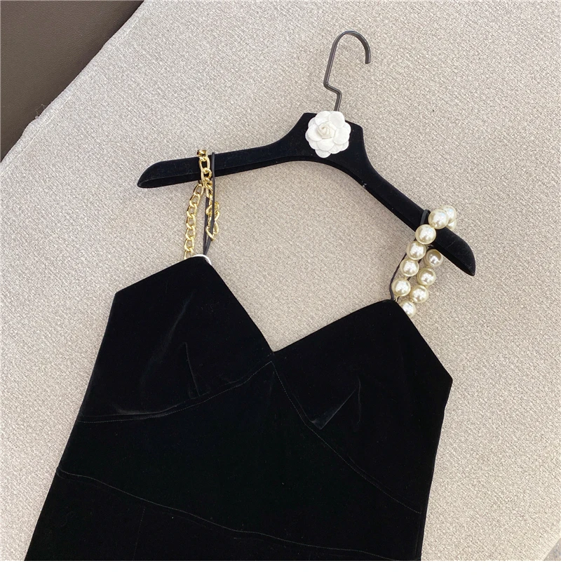 Sexy Top Women's Pearl Gold Chain Shoulder Strap Black Slimming Velvet Vest Camisole Tank Black