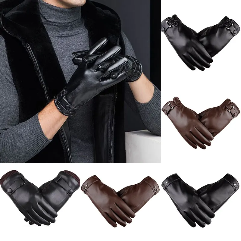 

1 пара полный палец уличные теплые варежки Сенсорный Экран из толстого вельвета Для мужчин Искусственные кожаные перчатки для вождения пер...