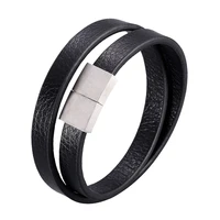 fashion stainless steel charm magnetic black brown men wrap bracelet leather bangle punk rock jewelry accessories friend pd1059