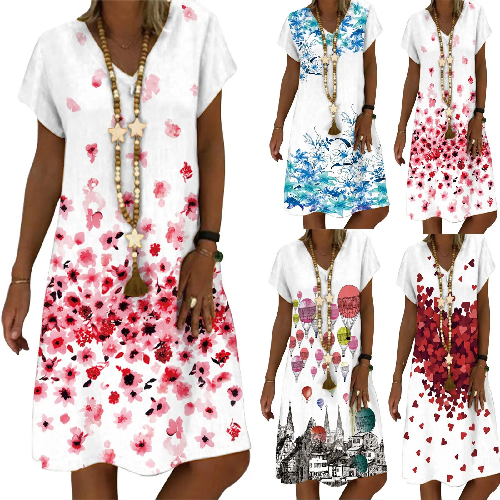 Повседневное пляжное платье до колена с V образным вырезом и принтом винтажное