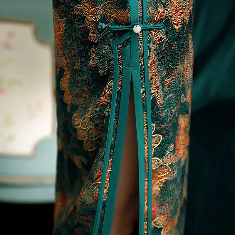 

100% Real Silk Dress Women Long Cheongsam Chinese Traditional Qipao Spring Summer Costume Green Size S to 4XL