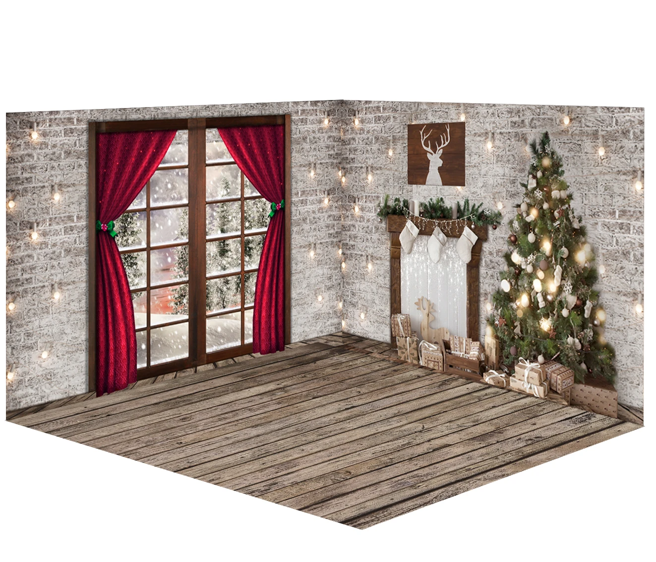 

BACKDROP AND FLOOR COMBO SET Brick Wall Fireplace Window Red Curtain Light Christmas Trees Decoration Photography Background