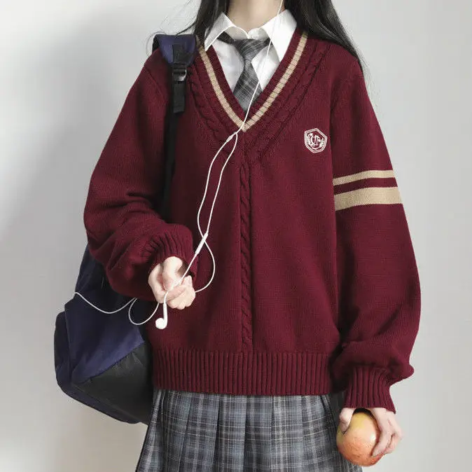 

New College Style Sweet JK Uniform Pullover Sweater Korean V-neck Sweater Female Student Loose Outwear Japanese School Uniform