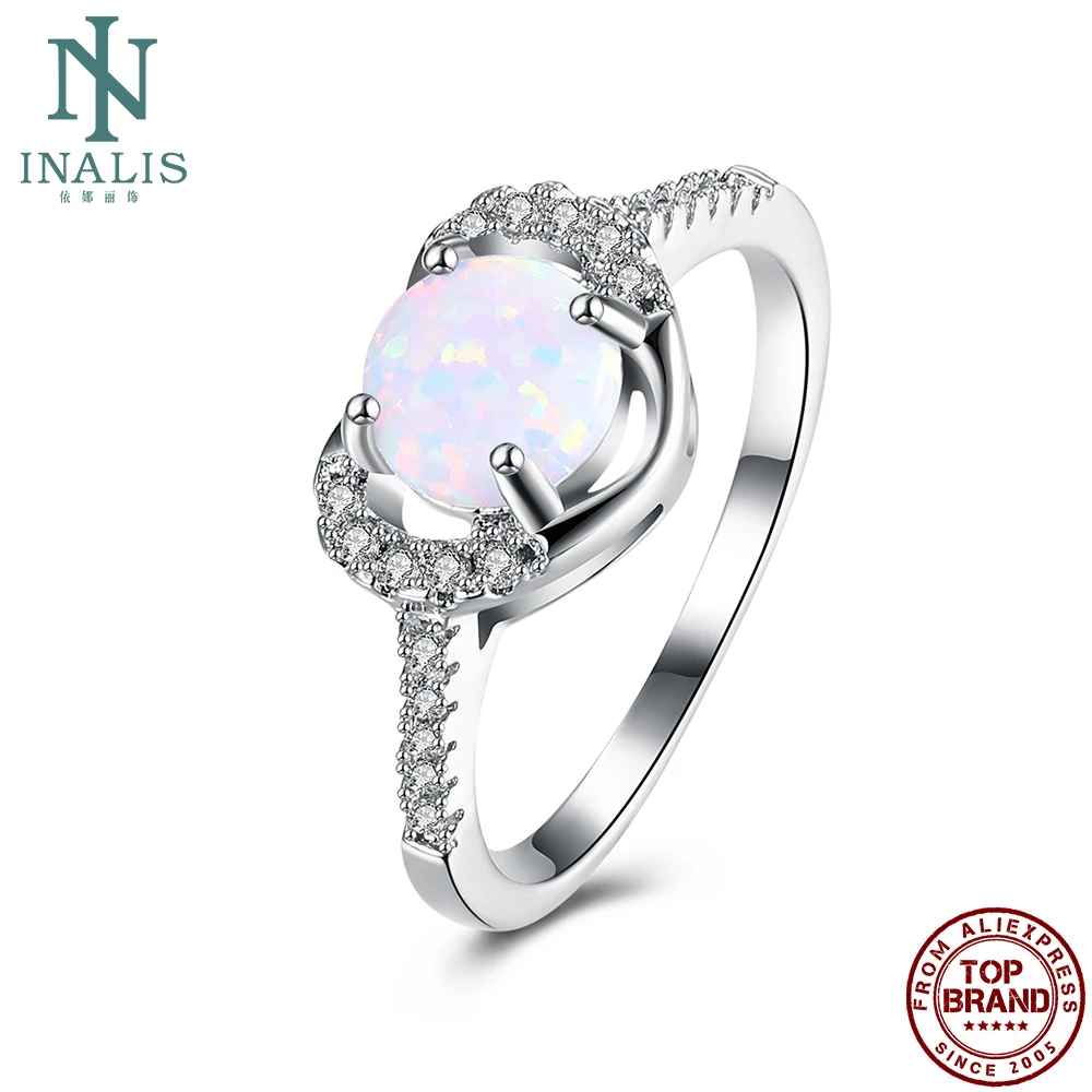 

INALIS Round Rings For Women Romantic White 5A Clear Cubic Zirconia And Opal Anniversary Ring Fashion Female Jewelry New Arrival