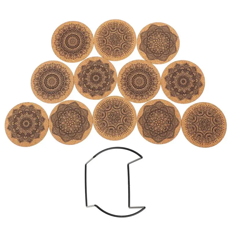 12pcs Creative Nordic Mandala Design Round Shape Wooden Coasters Table Mat Coffee Cup Coaster With Storage Stand Home Decor images - 6