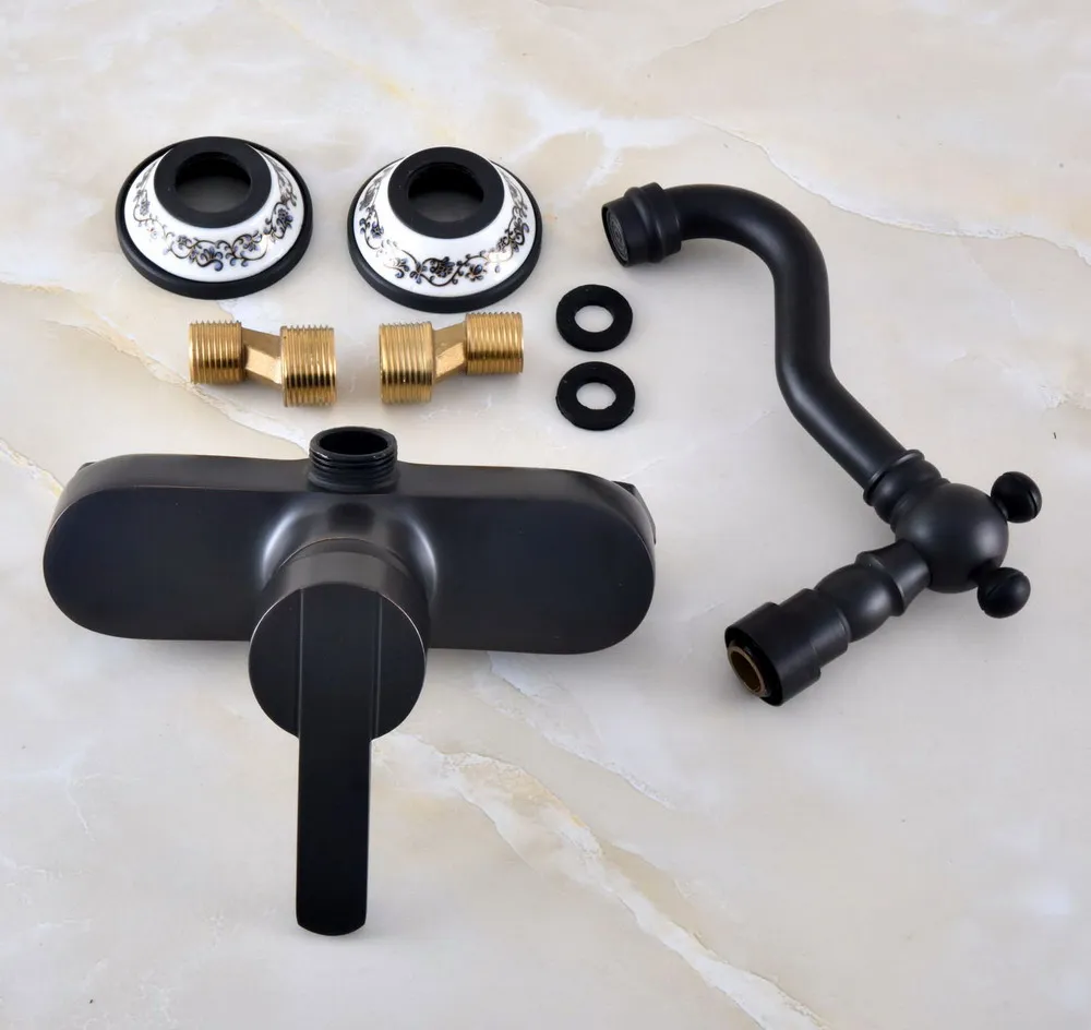 Смеситель для кухонной раковины черный латунный из бронзы настенный излив с