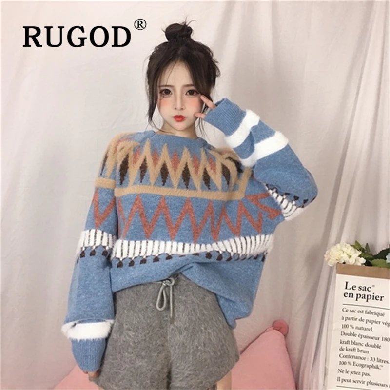 Женский свитер с круглым вырезом RUGOD повседневный Толстый Пуловер в Корейском