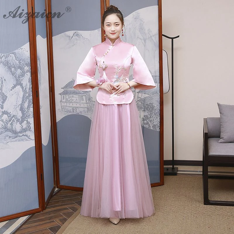 Модная розовая Пряжа юбка длинный Cheongsam Современная Подружка невесты винтажное платье Qi Pao женское традиционное китайское платье Qipao акция