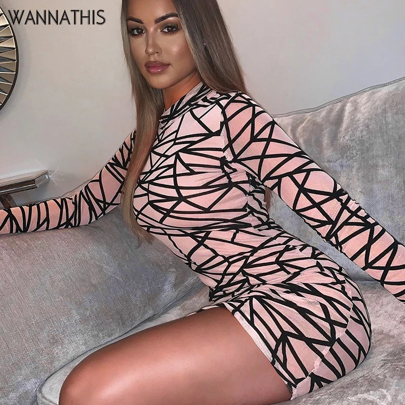 WannaThis/сетчатые платья с рисунком женские осенние облегающие длинным рукавом