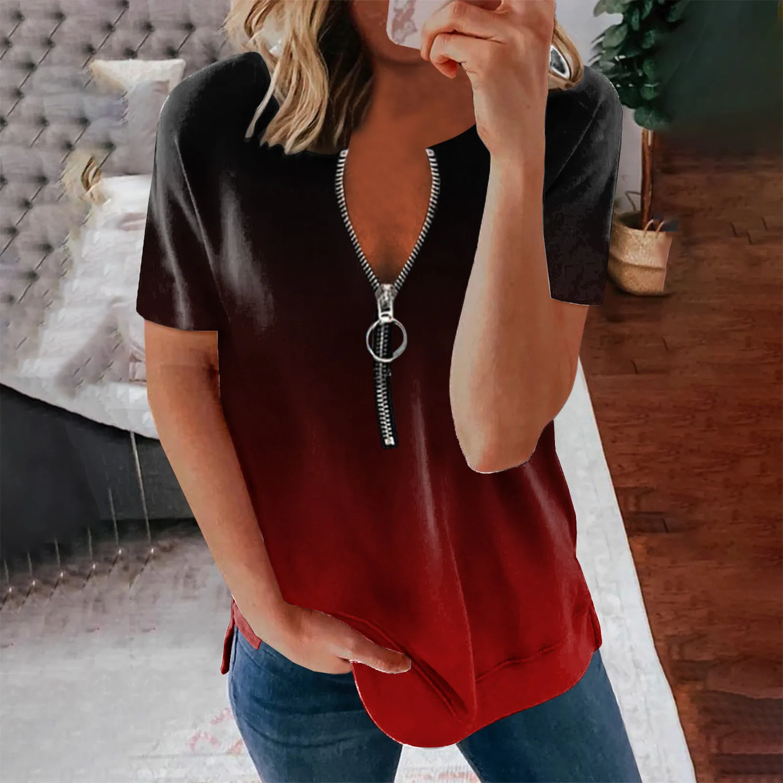 

Fashion Zipper Blouse Short Sleeves V-neck Summer Blouses Tops Loose Shirt Blouse Solid Ladies Female Women Tunic Shirts 2021