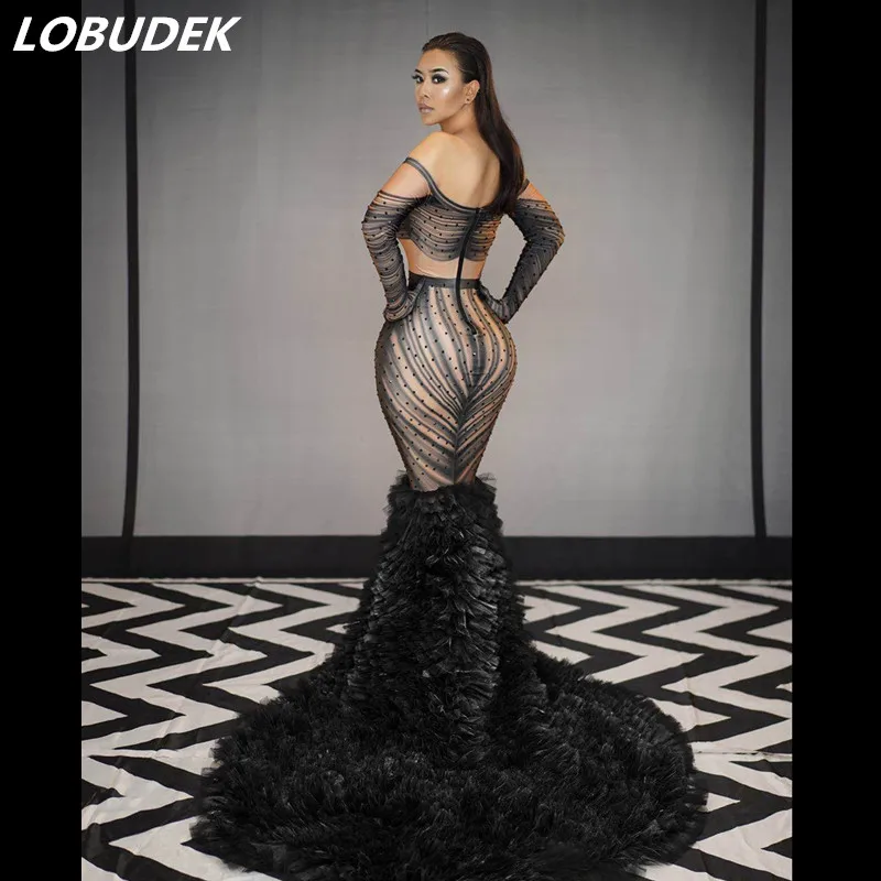 

Women Fashion Birthday Prom Black Rhinestones Floor Length Tailing Dress Evening Party Stage Models Catwalk Mermaid Long Dress